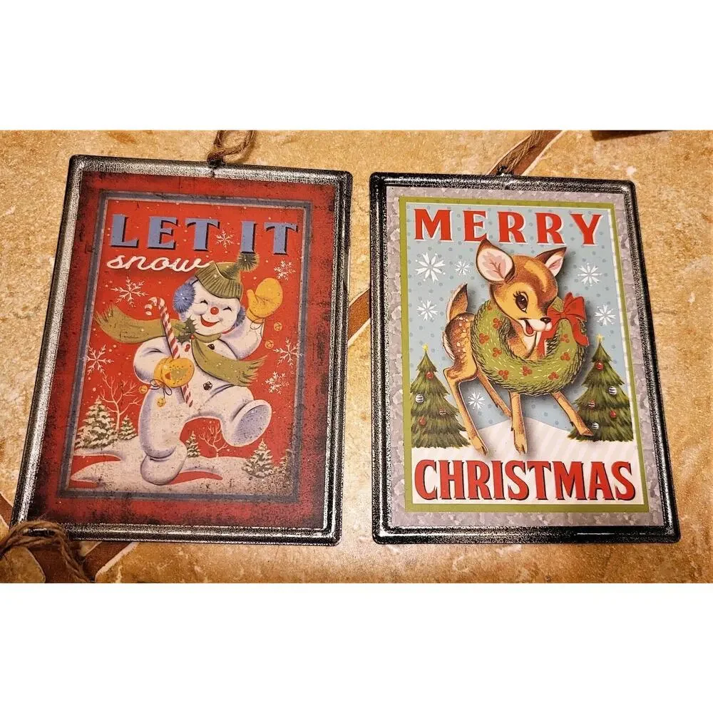 New HOLIDAY TIME Set of 4 Ornaments Tin Vintage Look Rudolph Frosty Santa 5.75